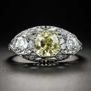 Art Deco 1.29 Carat Natural Fancy Yellow European-Cut Diamond Three-Stone Ring  - 1