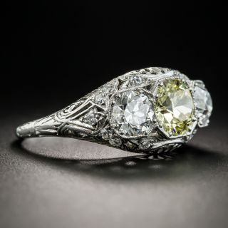Art Deco 1.27 Carat Natural Fancy Yellow European-Cut Diamond Three-Stone Ring 