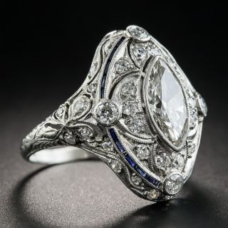 Art Deco 1.30 Carat Marquise Diamond and Sapphire Dinner Ring