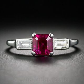 Art Deco 1.39 Carat Gemmy 'No Heat - Burma' Ruby, Platinum and Diamond Ring 