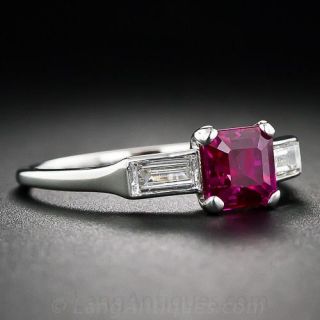Art Deco 1.39 Carat Gemmy 'No Heat - Burma' Ruby, Platinum and Diamond Ring 