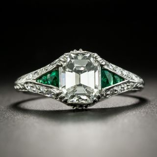 Art Deco 1.53 Carat Emerald-Cut Diamond and Emerald Ring - GIA G VVS2 - 2