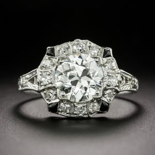 Art Deco 1.67 Carat Diamond And Black Jade Ring - GIA H SI1 - 2