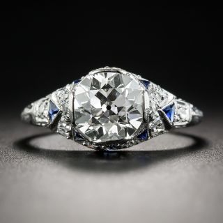 Art Deco 1.70  Diamond Platinum Engagement Ring with Sapphire Calibre - GIA J VVS1