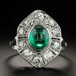 Art Deco 1.75 Carat Cabochon Emerald Platinum Diamond Ring - 2