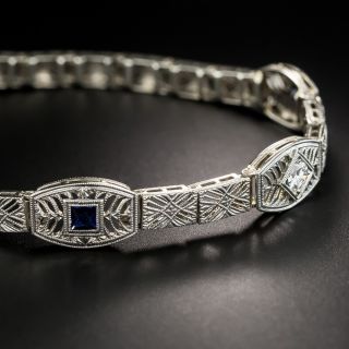 Art Deco 14K White Gold Diamond And Synthetic Sapphire Bracelet - 4