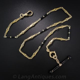 Art Deco 18K and Black Enamel Watch Chain Necklace