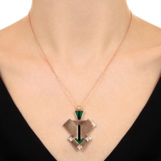 Art Deco 18K Chalcedony, Onyx and Diamond Arrow Pendant