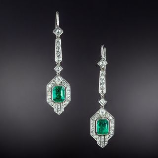 Art Deco 18K Colombian Emerald and Diamond Drop Earrings  - 2