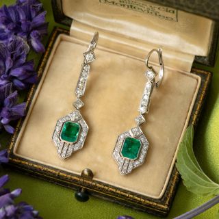 Art Deco 18K Colombian Emerald and Diamond Drop Earrings 