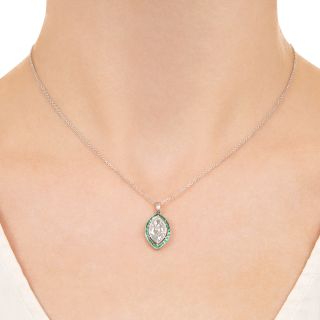 Art Deco 2.03 Carat Marquise Diamond and Emerald Halo Pendant -  GIA I VS1
