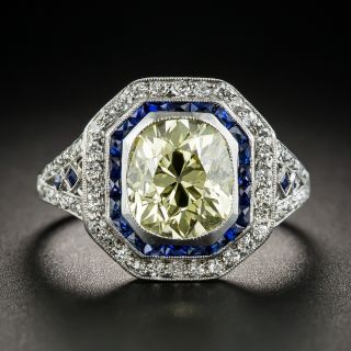Art Deco 2.18 Carats Fancy Yellow Diamond Ring with Calibre Sapphires  - 1