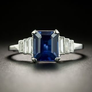 Art Deco 2.50 Carat Emerald-Cut Sapphire Diamond Platinum Ring - 2