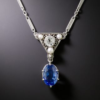Art Deco 2.70 Carat No-Heat Sapphire And Diamond Necklace - AGL  - 3