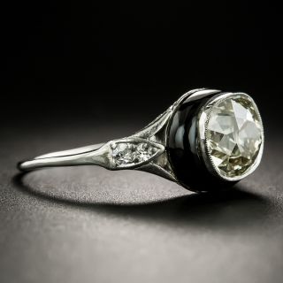 Art Deco 2.75 Carat Antique Cushion Cut Diamond and Onyx Ring