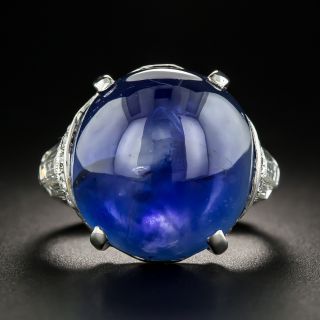 Art Deco 29 Ct. Burmese No-Heat Cabochon Sapphire Diamond Platinum Ring - 2