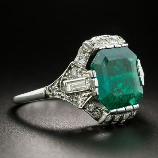Art Deco 3.18 Carat Colombian Emerald and Diamond Platinum Ring - GIA 