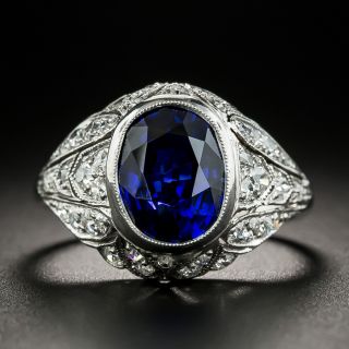 Art Deco 3.59 Carat Ceylon Sapphire and Diamond Ring - GIA - 2