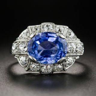Art Deco 3.79 Carat No-Heat Ceylon Sapphire Diamond Platinum Ring - 2