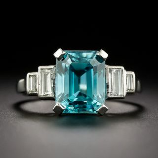 Art Deco 3.89 Carat Emerald-Cut Blue Zircon and Diamond Ring - 2