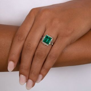 Art Deco 4.44 Carat Natural Untreated Colombian Emerald and Diamond Ring - AGL