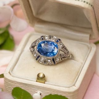 Art Deco 4.50 Carat No-Heat Burma Sapphire and Diamond Ring