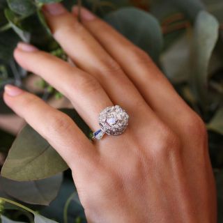Art Deco 4.97 Carat Antique Cushion-Cut Diamond & Sapphire Ring - GIA I SI1