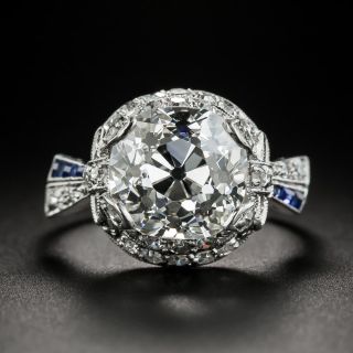 Art Deco 4.97 Carat Cushion Cut Diamond & Sapphire Ring - GIA I SI1 - 2