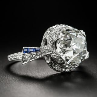 Art Deco 4.97 Carat Cushion Cut Diamond & Sapphire Ring - GIA I SI1