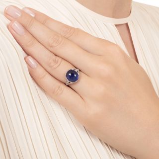Art Deco 5.67 Carat No-Heat Burmese Cabochon Sapphire Ring - GIA