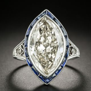 Art Deco 6.48 Carat Marquise Diamond Platinum Calibre Sapphire Ring - GIA - 2