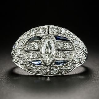 Art Deco .60 Carat Marquise-Cut Diamond and Calibre Sapphire Ring  - 2