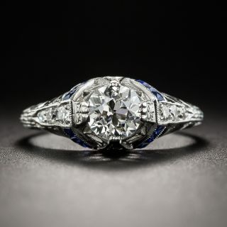 Art Deco .65 Carat Diamond Platinum Engagement Ring With Calibre Sapphires - 2
