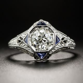 Art Deco .68 Carat Diamond and Sapphire Engagement Ring - GIA L VS1