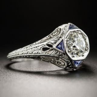 Art Deco .68 Carat Diamond and Sapphire Engagement Ring - GIA L VS1