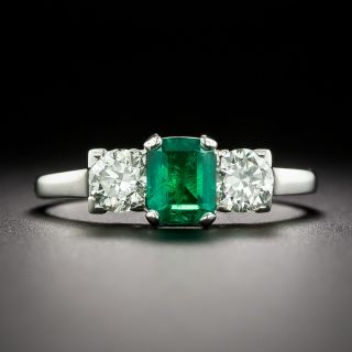 Art Deco .70 Carat Emerald and Diamond Three Stone Ring - 3