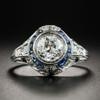 Art Deco .78 Ct. Diamond Platinum Engagement Ring with Calibre Sapphires - 1
