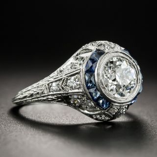 Art Deco .78 Carat Diamond Platinum Engagement Ring with Calibre Sapphires