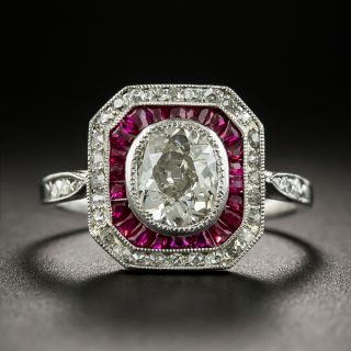 Art Deco .86 Carat Antique Oval Diamond and Ruby Platinum Ring - 2