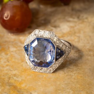 Art Deco 9.00 Carat No-Heat Ceylon Sapphire and Diamond Ring - GIA