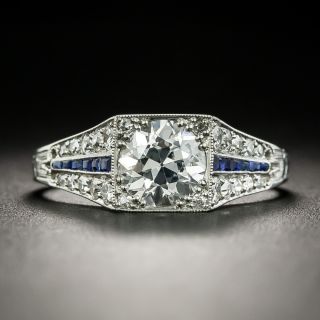 Art Deco .99 Carat Diamond and Calibre Sapphire Engagement Ring - GIA - 2