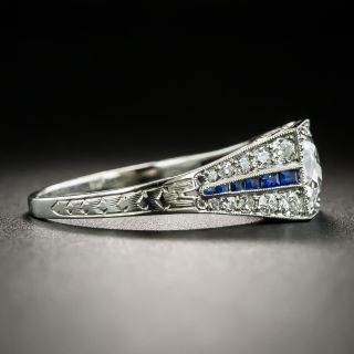 Art Deco .99 Carat Diamond and Calibre Sapphire Engagement Ring - GIA