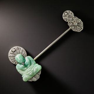 Art Deco Amazonite and Diamond Buddha Jabot Pin - 2