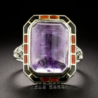 Art Deco Amethyst Cabochon Enamel Filigree Ring - 3