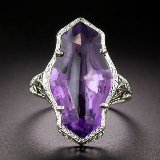 Art Deco Amethyst Cabochon Filigree Ring - 4