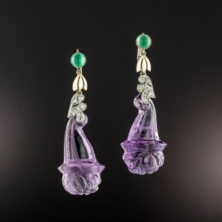 Art Deco Amethyst, Chalcedony, Diamond and Enamel Drop Earrings  - 2