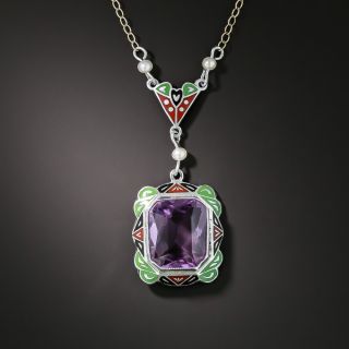 Art Deco Amethyst, Enamel and Pearl Necklace - 2
