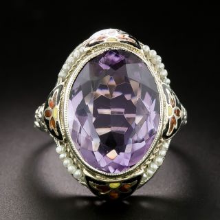 Art Deco Amethyst, Seed Pearl and Enamel Ring - 3