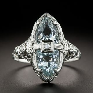 Art Deco Aquamarine and Diamond Filigree Ring - 4