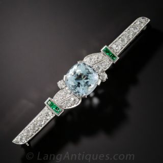 Art Deco Aquamarine, Diamond and Emerald Bar Pin